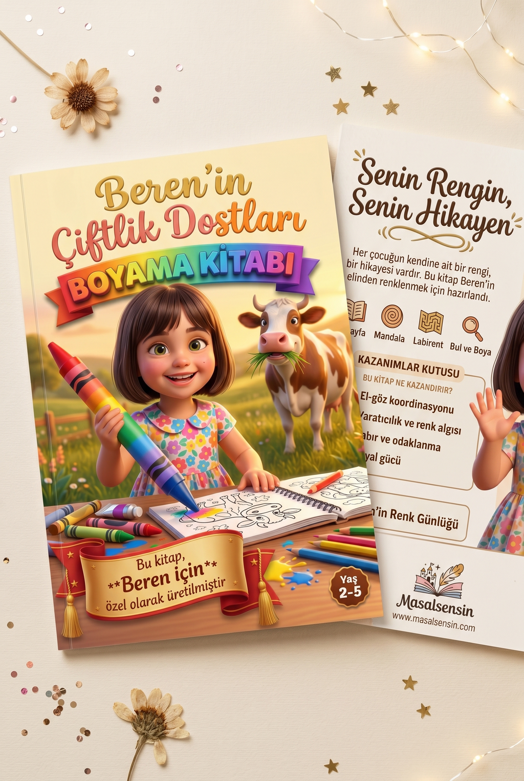 Beren'in kişiye özel kitabı ön ve arka kapak birlikte — boyamaya uygun A4 boyutunda yumuşak kapaklı çocuk materyali