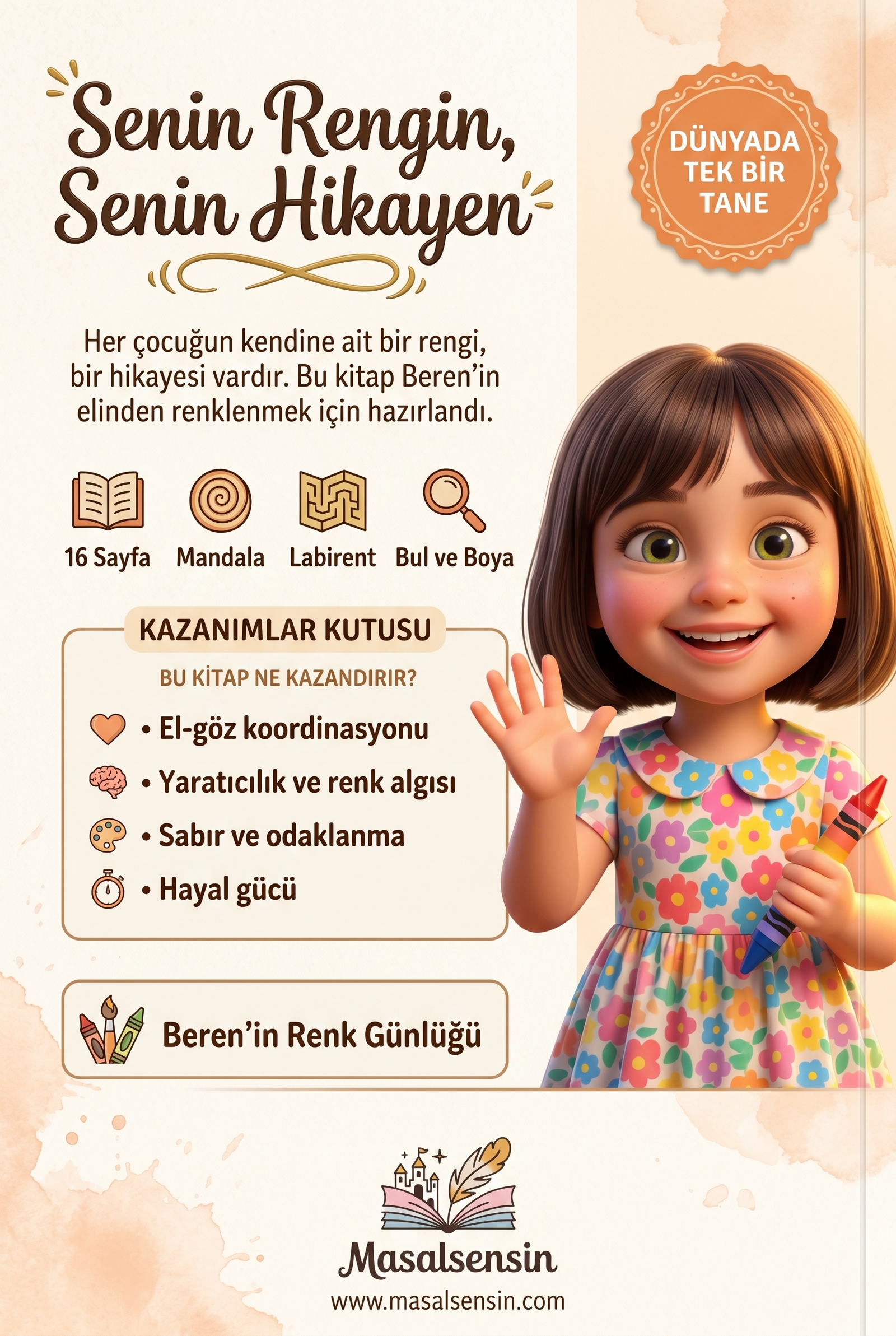Beren isimli kitabın arka kapağı — el-göz koordinasyonu ve yaratıcılık gelişimini anlatan arka plan bilgisi
