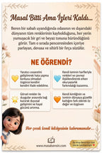 Beren isimli çocuk kitabı arka kapağı, özel hikaye özeti ve parlayan sihirli fırça illüstrasyonu.