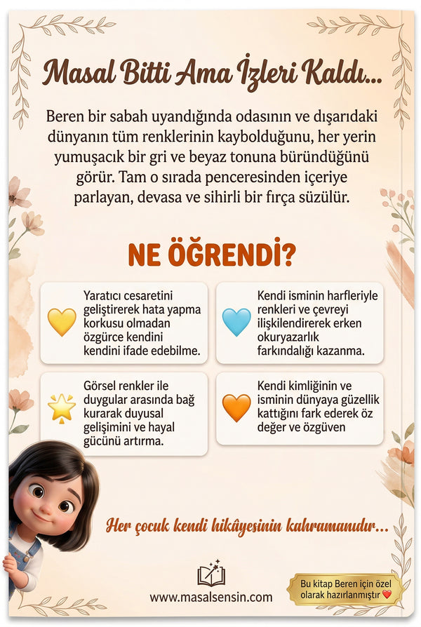 Beren isimli çocuk kitabı arka kapağı, özel hikaye özeti ve parlayan sihirli fırça illüstrasyonu.