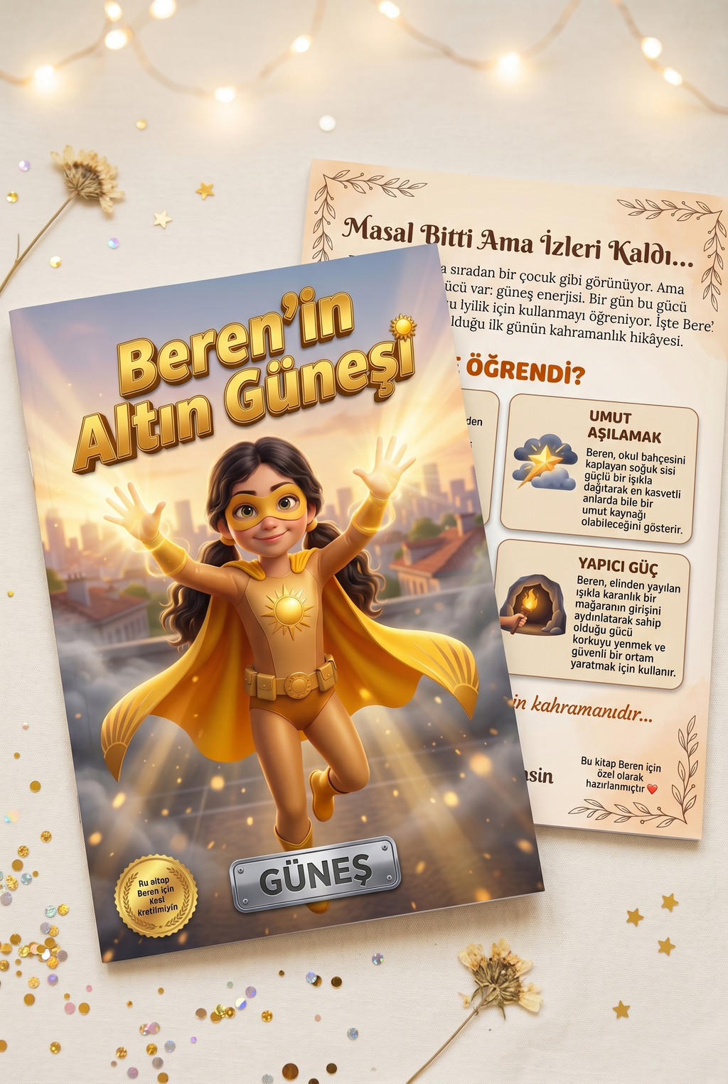 Beren'in Altın Güneşi kişiye özel kitabının ön ve arka kapakları yan yana, A4 boyutunda kaliteli baskısını gösteriyor.