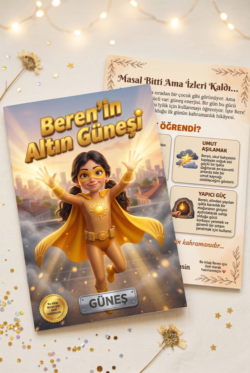 Beren'in Altın Güneşi kişiye özel kitabının ön ve arka kapakları yan yana, A4 boyutunda kaliteli baskısını gösteriyor.