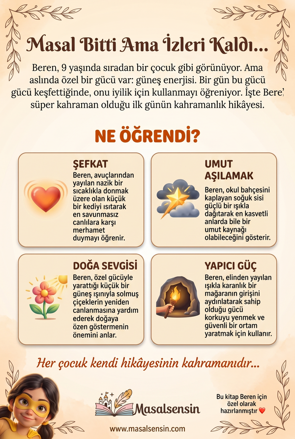 Kişiye özel 'Beren'in Altın Güneşi' kitabının arka kapağı, empati ve problem çözme kazanımlarını özetliyor.