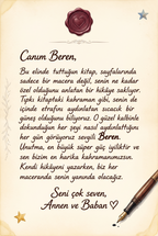 Kitabın ilk sayfası, 'Bu kitap süper kahraman Beren için sevgiyle yazılmıştır' özel hediye notunu içeriyor.