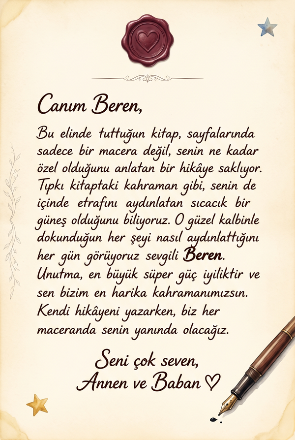 Kitabın ilk sayfası, 'Bu kitap süper kahraman Beren için sevgiyle yazılmıştır' özel hediye notunu içeriyor.