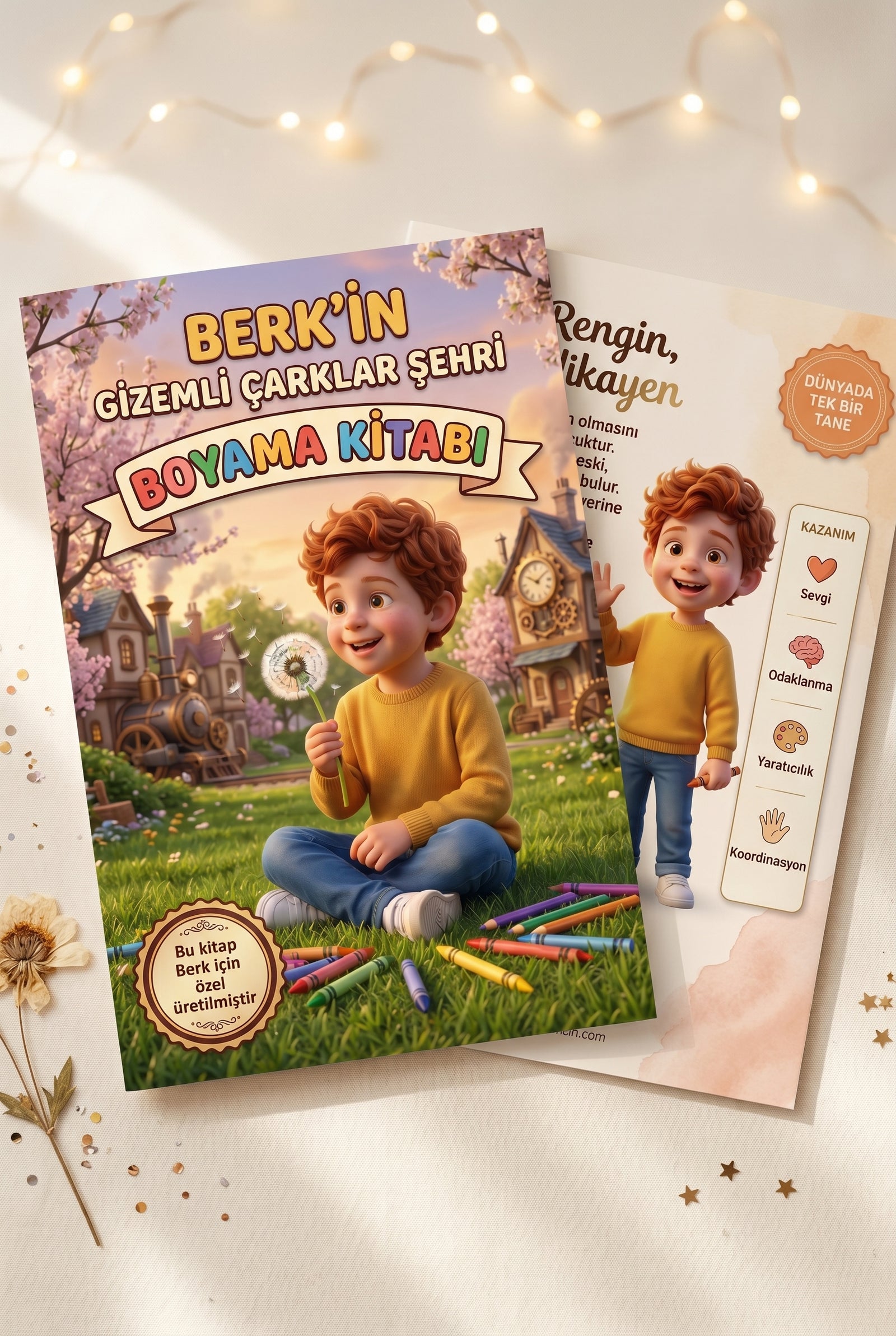 Berk'in kişiye özel kitabı ön ve arka kapak birlikte — A4 boyutlu yüksek kaliteli kapak tasarımı