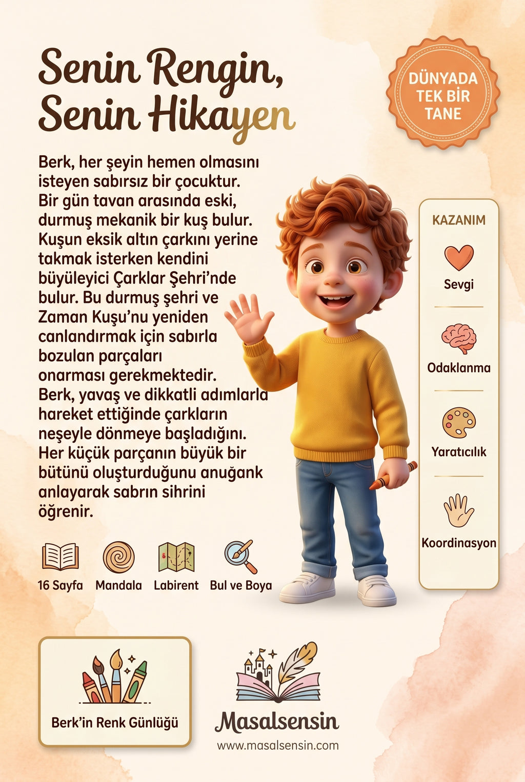 Berk isimli kitabın arka kapağı — sabır ve parça bütün ilişkisi kazandıran çocuk kitabı