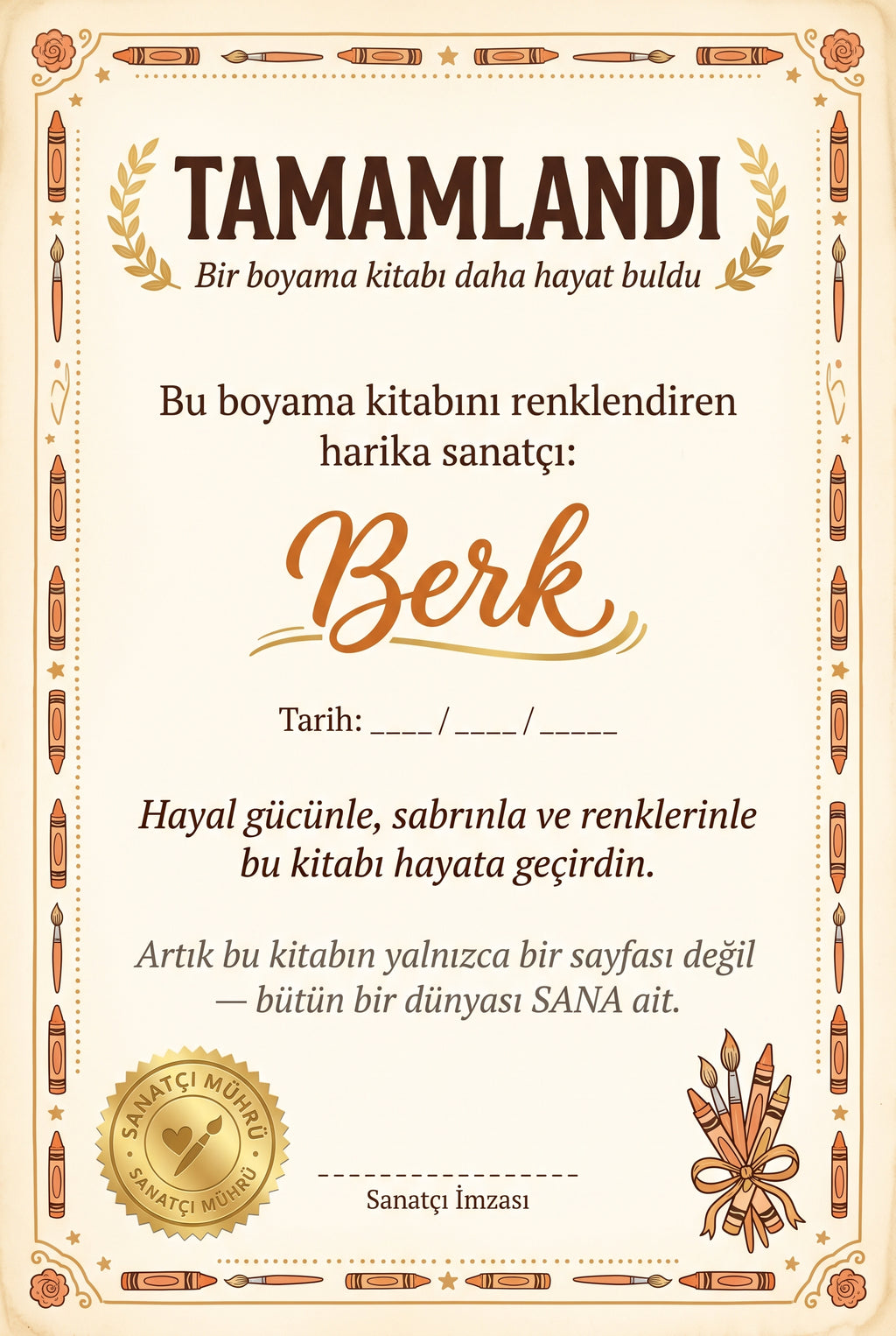 Berk'in Gizemli Çarklar Şehri kişiye özel kitabı içindeki duygusal anne baba hediye notu sayfası