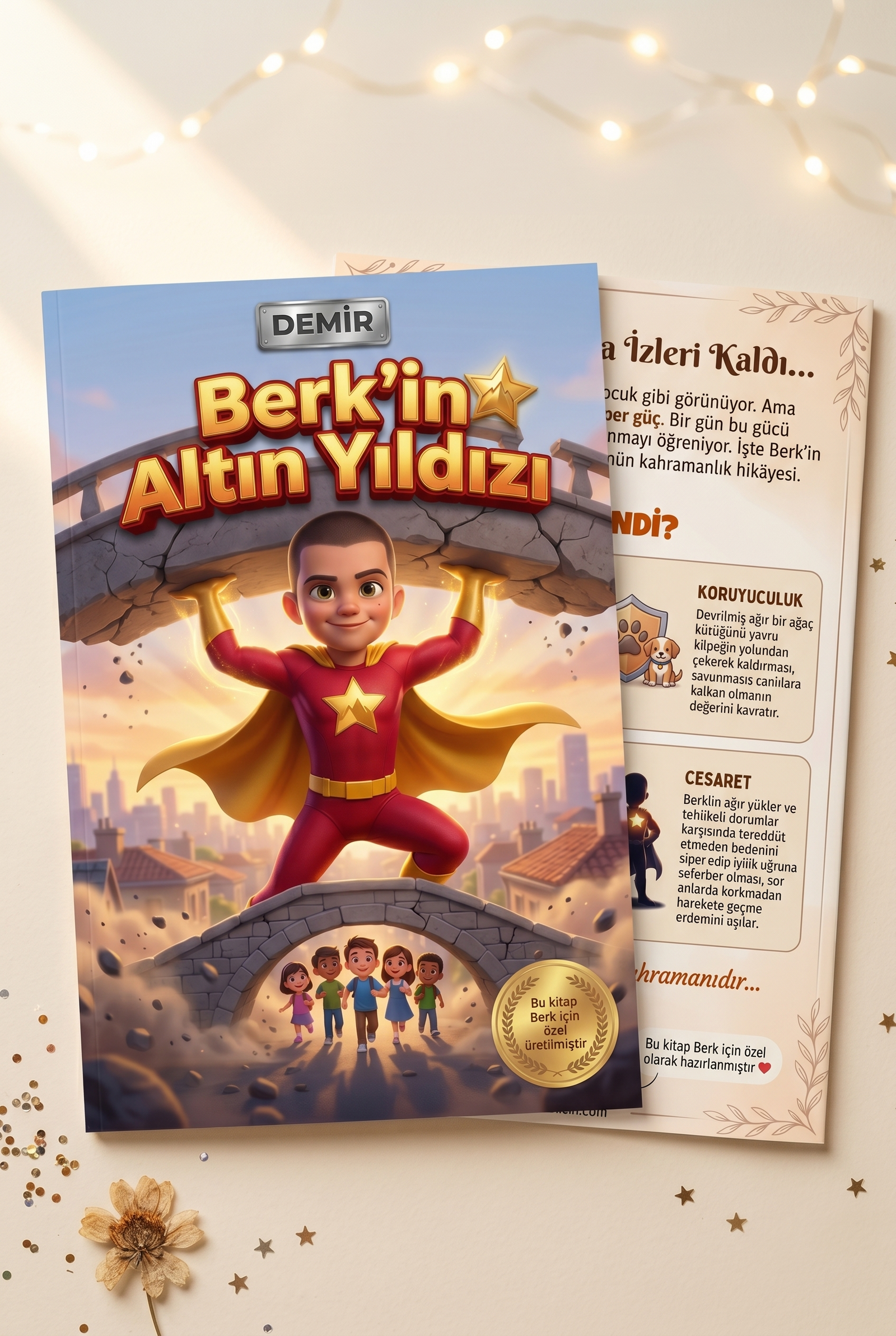 Berk'in Altın Yıldızı kişiselleştirilmiş kitabı ön ve arka kapak birlikte — yüksek kaliteli A4 format