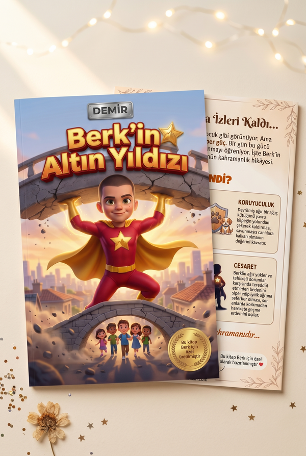 Berk'in Altın Yıldızı kişiselleştirilmiş kitabı ön ve arka kapak birlikte — yüksek kaliteli A4 format