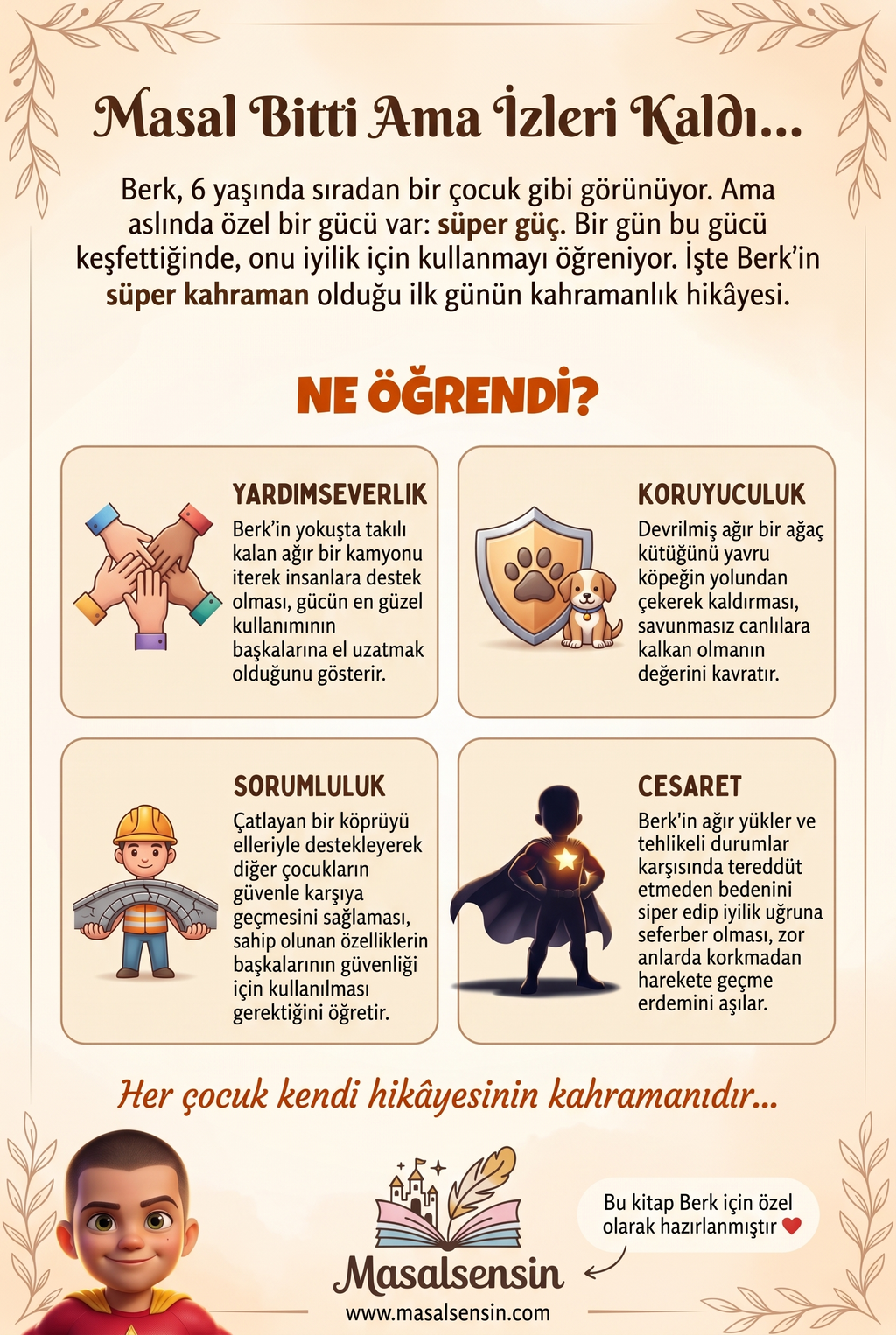 Berk isimli kitabın arka kapağı — yardımlaşma ve empati kazanımlarını anlatan pedagojik özet