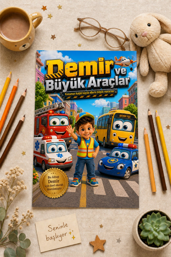 Ahşap masa üzerinde kişiselleştirilmiş çocuk kitabı, oyuncak vinç ve traktörlerle birlikte yatay çekim