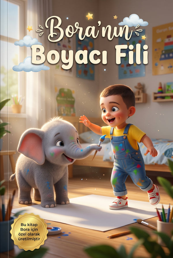 Bora'nın Boyacı Fili kişiye özel çocuk kitabı ön kapağı, Pixar kalitesinde 3D illüstrasyon