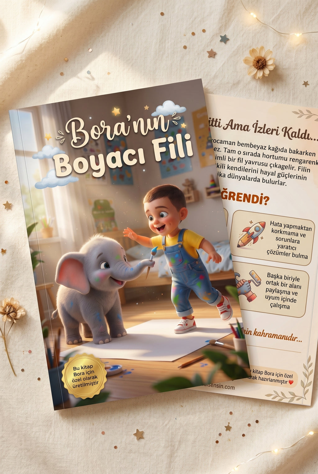 Bora'nın kişiye özel kitabı ön ve arka kapak bir arada — A4 yumuşak kapak kalitesi