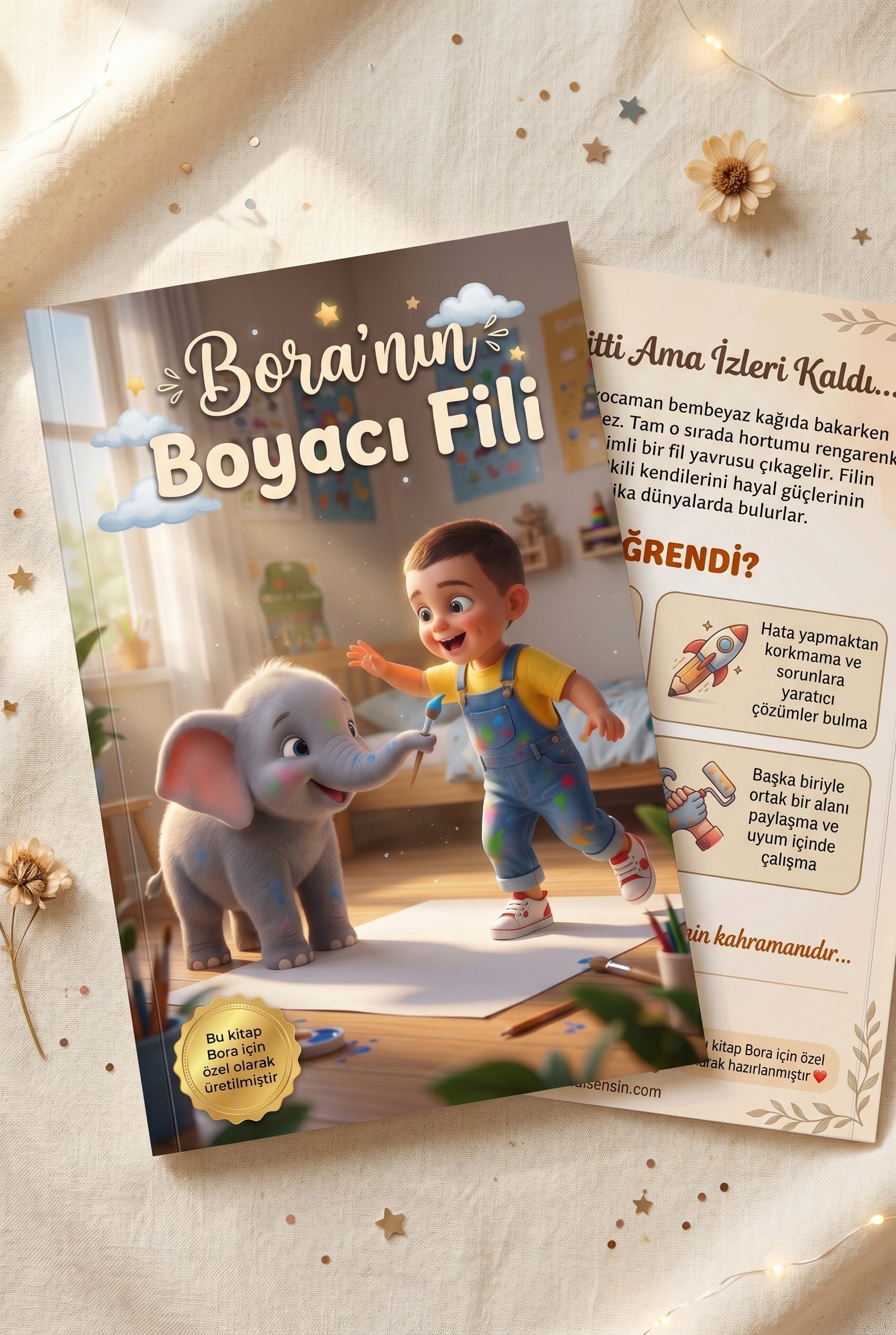 Bora'nın kişiye özel kitabı ön ve arka kapak bir arada — A4 yumuşak kapak kalitesi