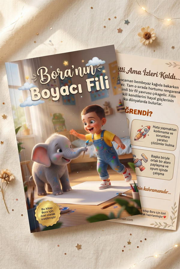 Bora'nın kişiye özel kitabı ön ve arka kapak bir arada — A4 yumuşak kapak kalitesi