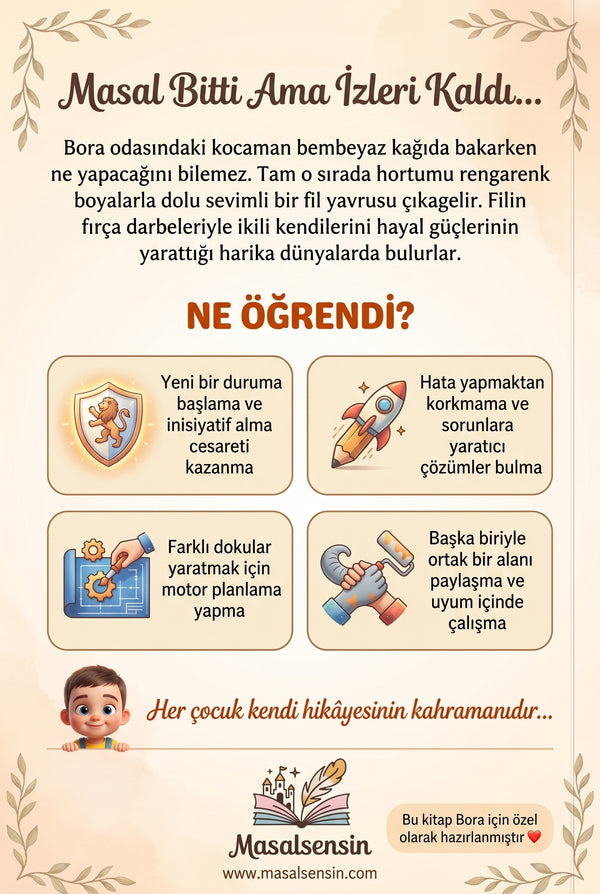 Bora isimli kitabın arka kapağı — yaratıcılık ve inisiyatif alma kazanımlarını anlatan detaylar