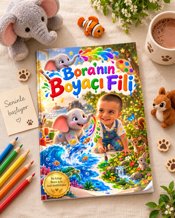 Bora'nın Boyacı Fili kişiye özel kitap masa üstü görünüm