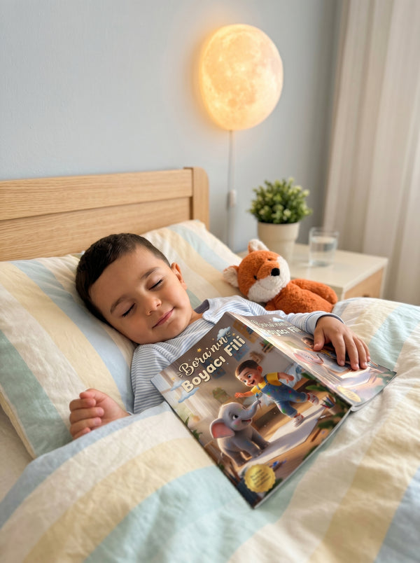 Bora uyumadan önce kendi adının yazılı olduğu masalı okurken — huzurlu bedtime reading anı