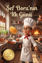 Şef Bora'nın İlk Günü kişiye özel çocuk kitabı ön kapağı, mutfakta aşçı şapkalı Pixar 3D illüstrasyon