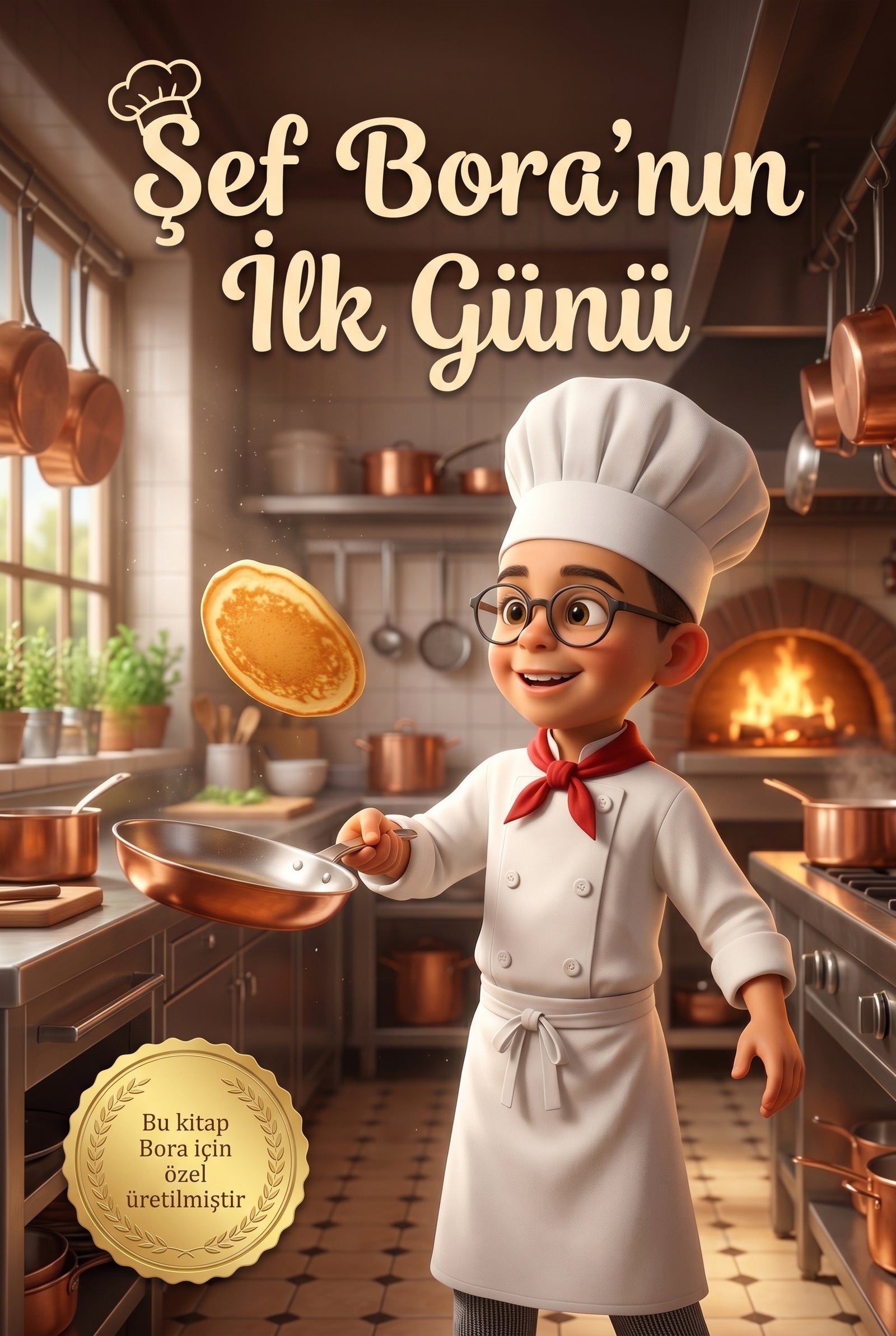 Şef Bora'nın İlk Günü kişiye özel çocuk kitabı ön kapağı, mutfakta aşçı şapkalı Pixar 3D illüstrasyon