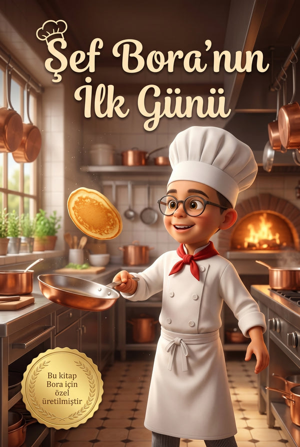 Şef Bora'nın İlk Günü kişiye özel çocuk kitabı ön kapağı, mutfakta aşçı şapkalı Pixar 3D illüstrasyon