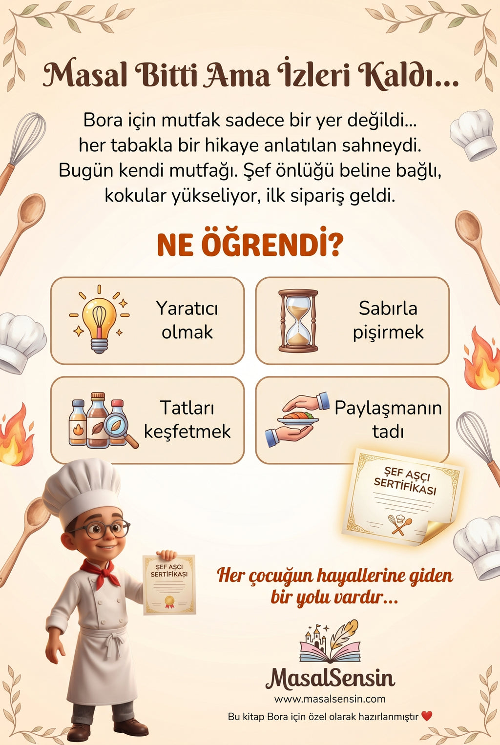 Şef Bora isimli kitabın arka kapağı — sabırla pişirme ve paylaşma duygusu kazanımları