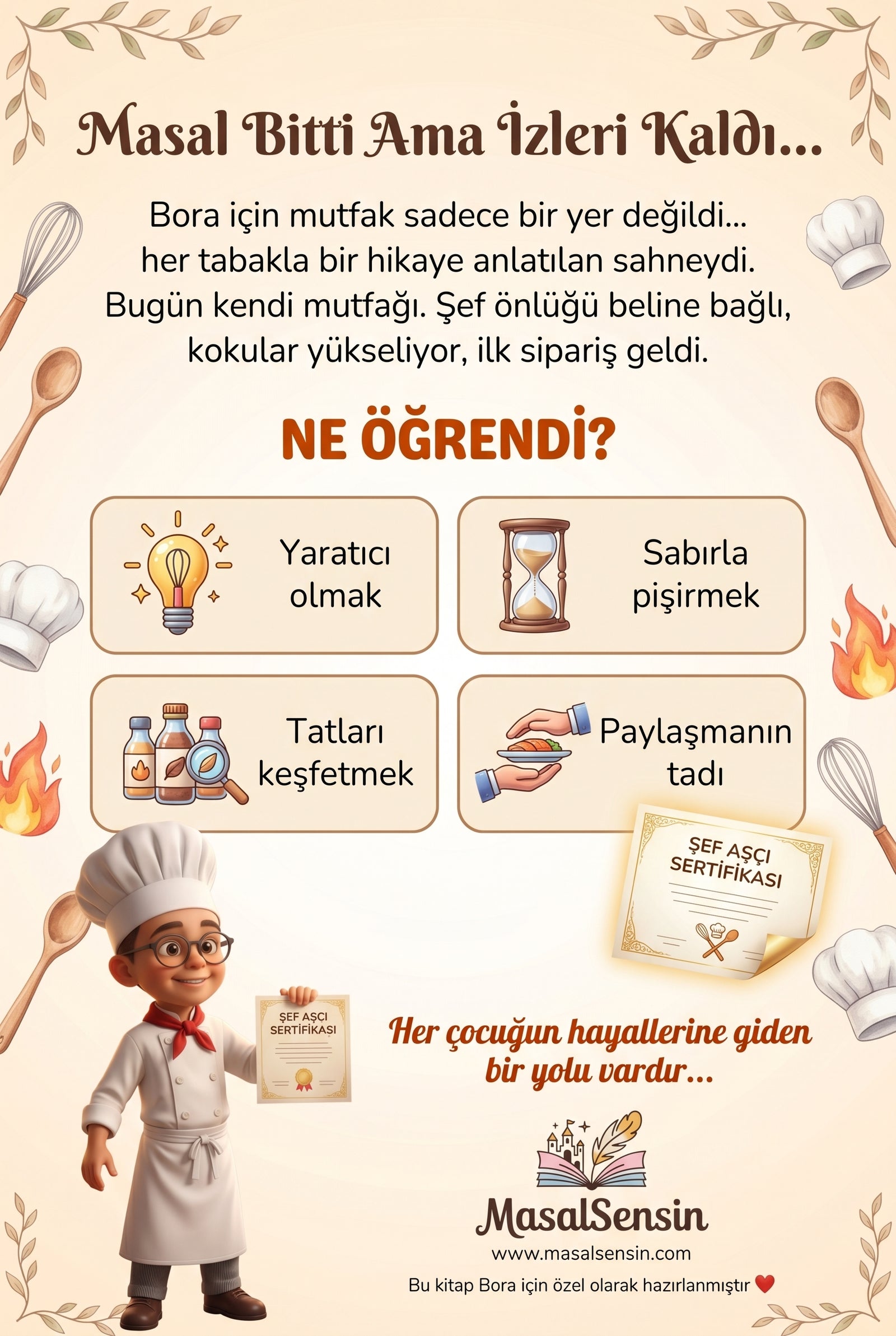 Şef Bora isimli kitabın arka kapağı — sabırla pişirme ve paylaşma duygusu kazanımları