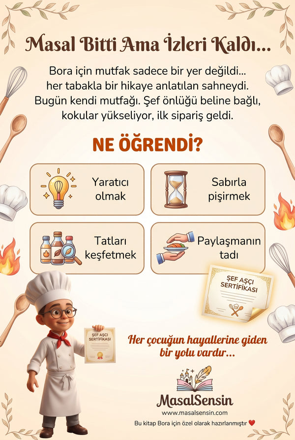 Şef Bora isimli kitabın arka kapağı — sabırla pişirme ve paylaşma duygusu kazanımları