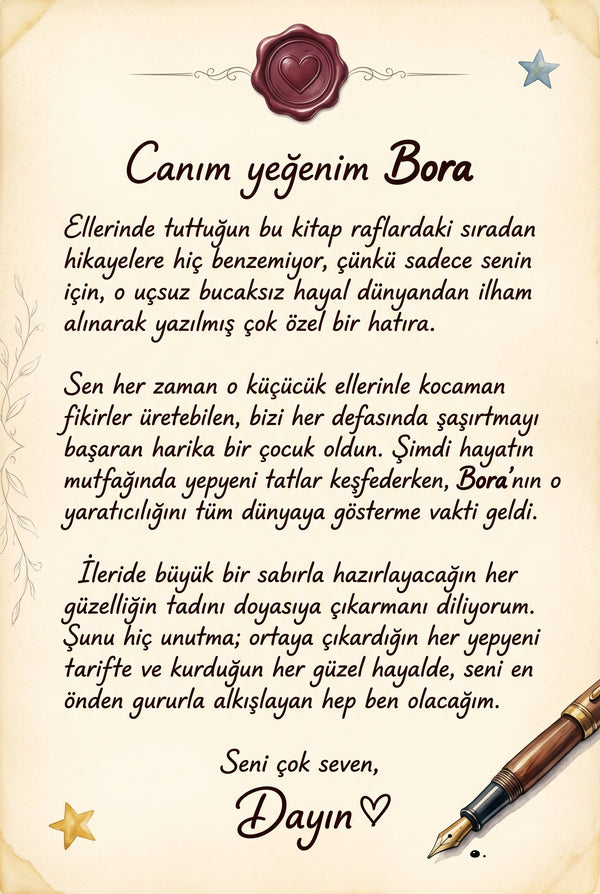 Hediye eden teyzesinden Bora'ya özel yazılmış duygusal ithaf ve mesaj sayfası