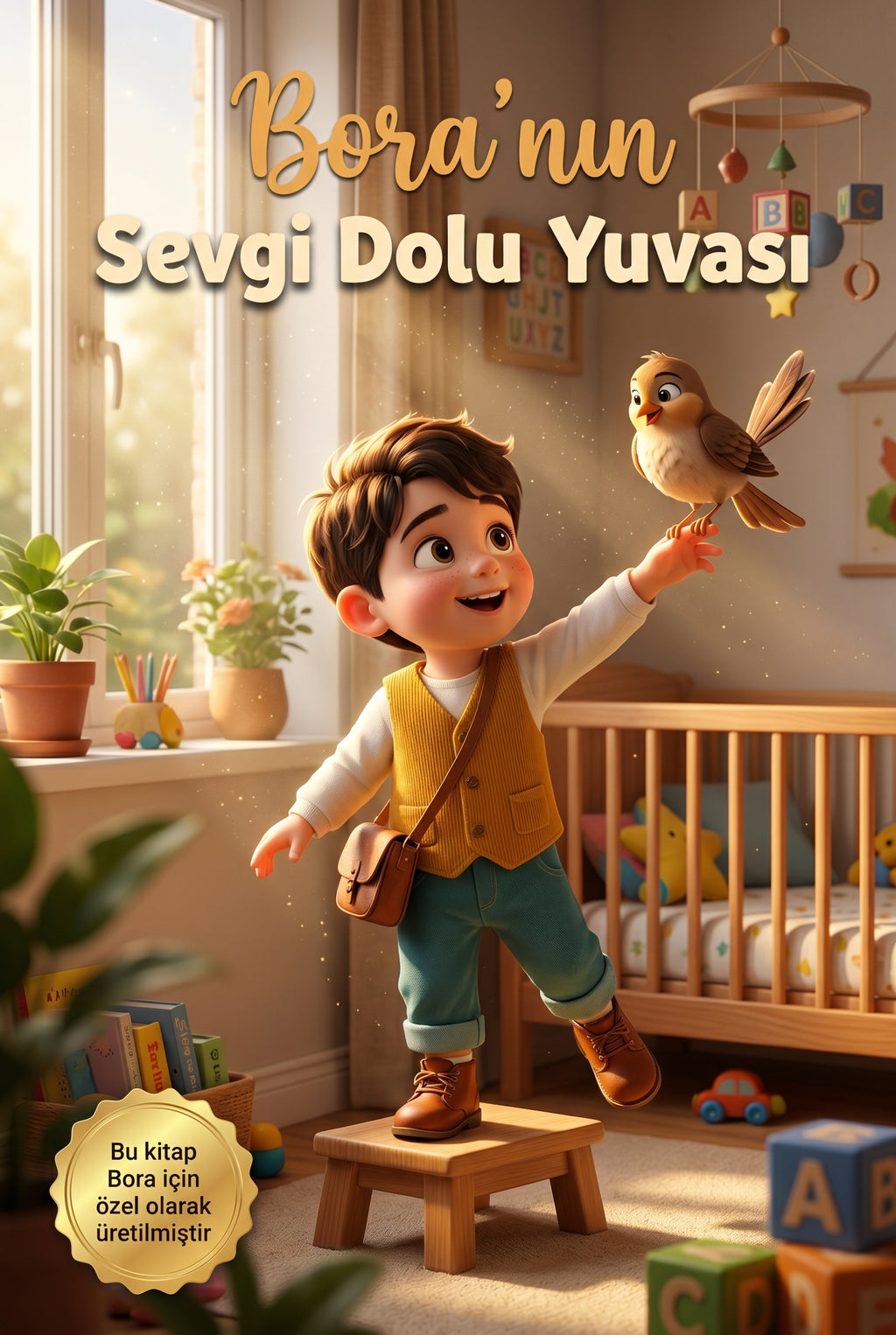 Bora'nın Sevgi Dolu Yuvası kişiye özel çocuk kitabı ön kapağı, Pixar kalitesinde 3D ağabey olma temalı illüstrasyon