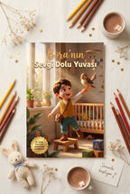 Ahşap masa üzerinde Bora'nın Sevgi Dolu Yuvası kitabı, sevimli oyuncak ayıcık ve doğal yosunlarla estetik sunum
