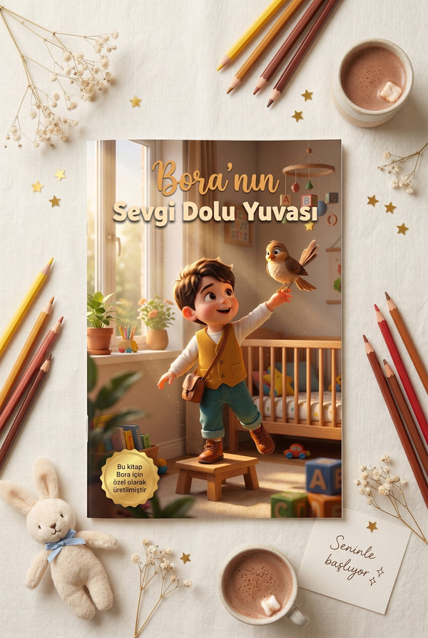 Ahşap masa üzerinde Bora'nın Sevgi Dolu Yuvası kitabı, sevimli oyuncak ayıcık ve doğal yosunlarla estetik sunum