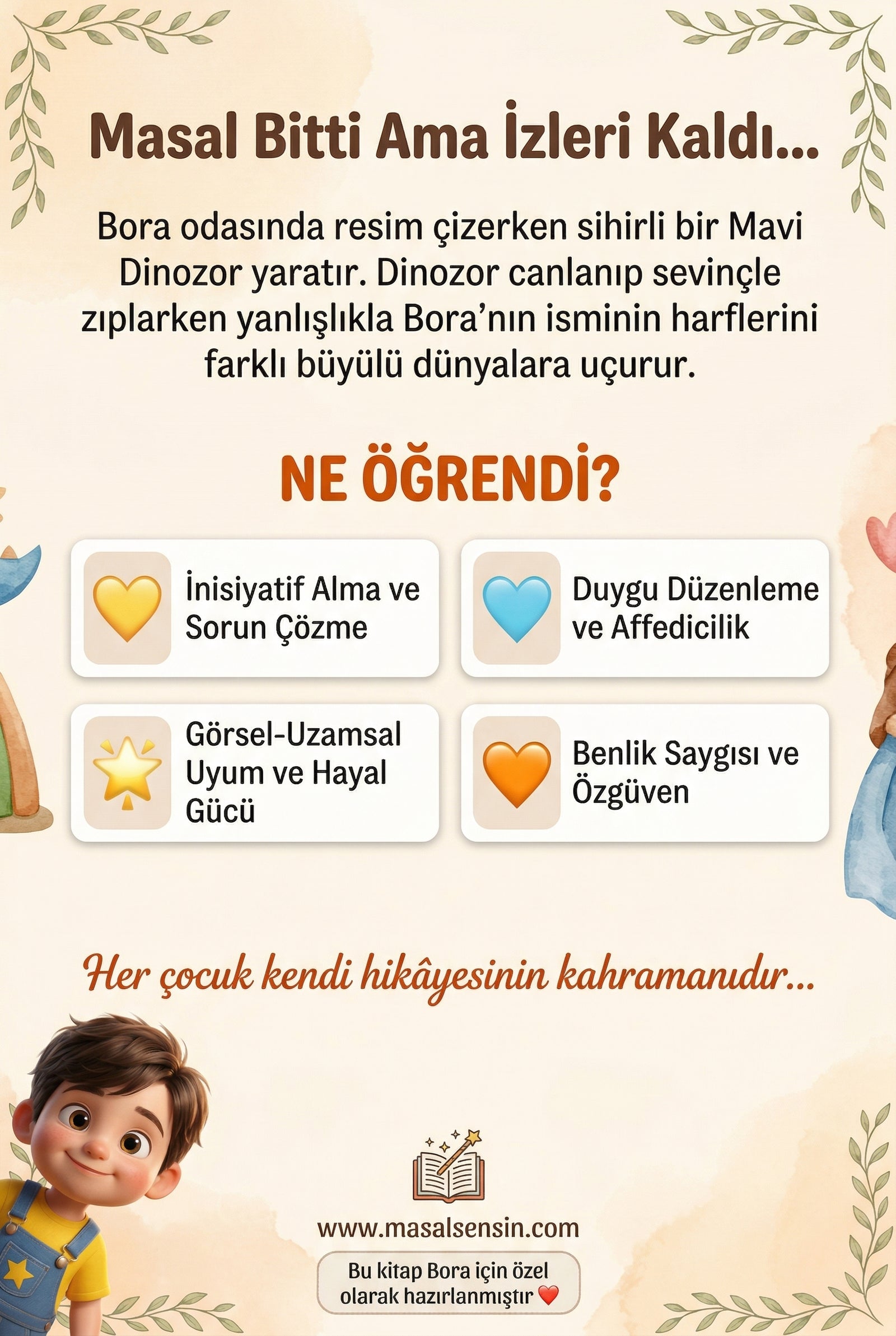 Bora için hazırlanan kişiselleştirilmiş çocuk kitabı arka kapak detayı
