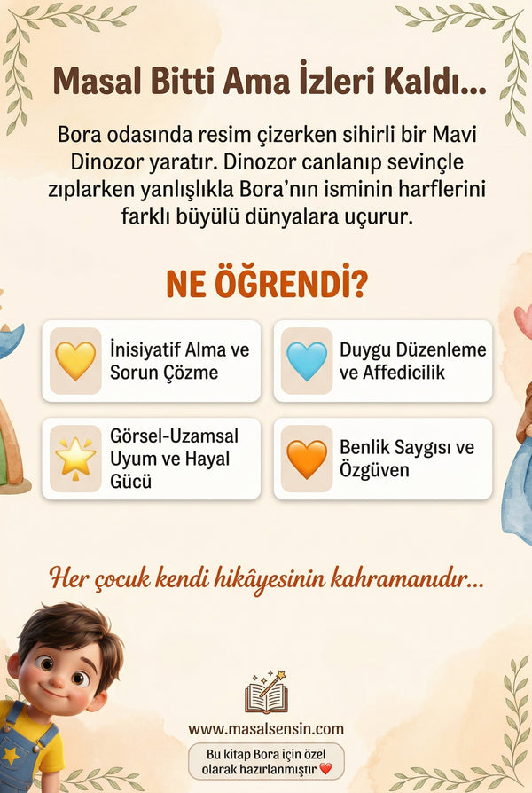 Bora için hazırlanan kişiselleştirilmiş çocuk kitabı arka kapak detayı