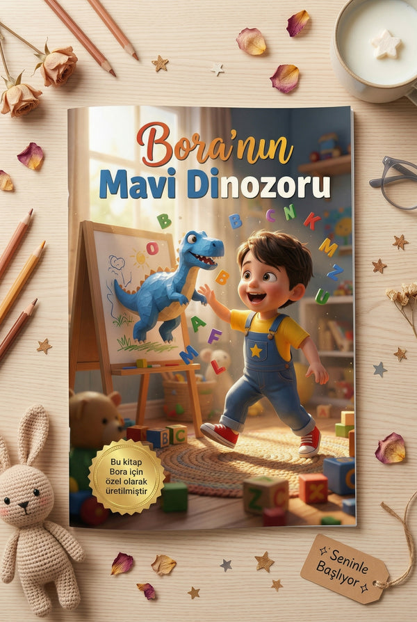 Bora isimli çocuk kitabı hediye paketi ve eğitici oyuncaklarla düz çekim konsepti