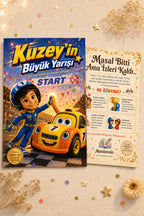 Kuzey'e hazırlanan isme özel kitabın ön ve arka kapak tasarımı yan yana — A4 yumuşak kapak yüksek baskı kalitesi