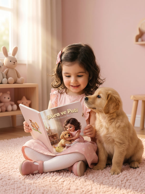 Mira kendi adının yazılı olduğu hayvan dostu kitabını gerçek Pati köpeği ile birlikte okuyor.