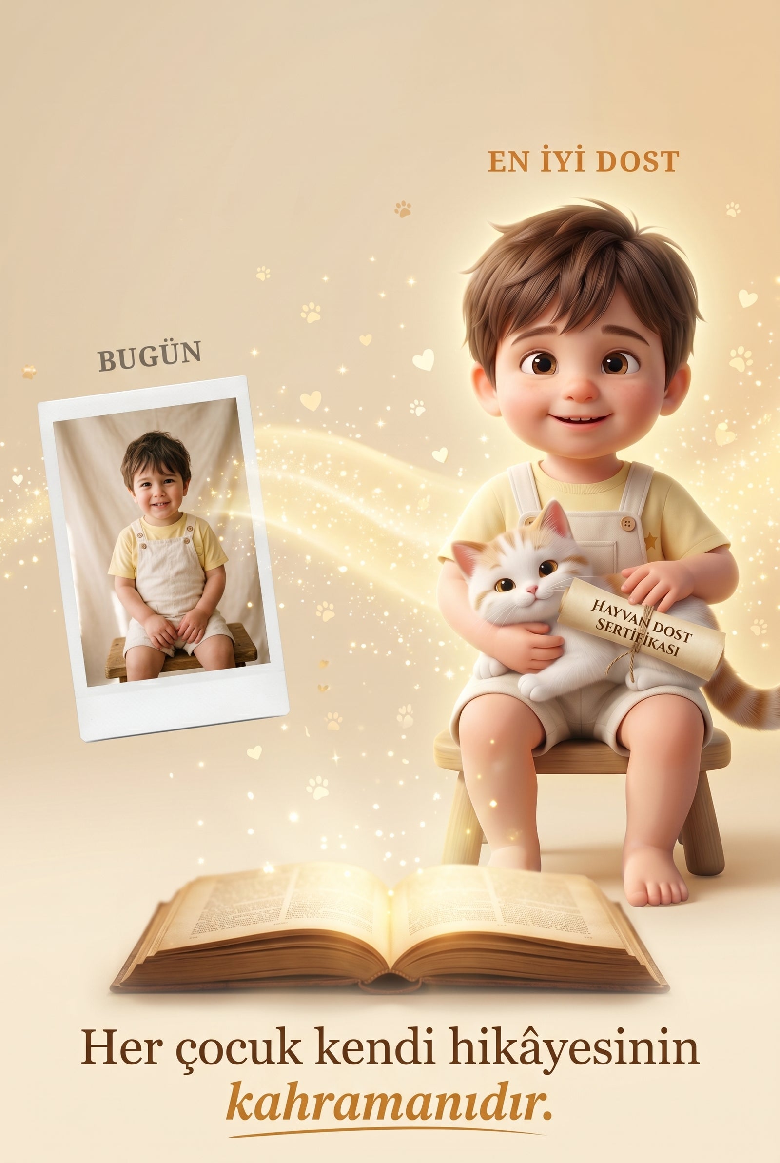 Çocuğun gerçek fotoğrafından Pixar 3D hayvan dostu karakterine dönüşüm.