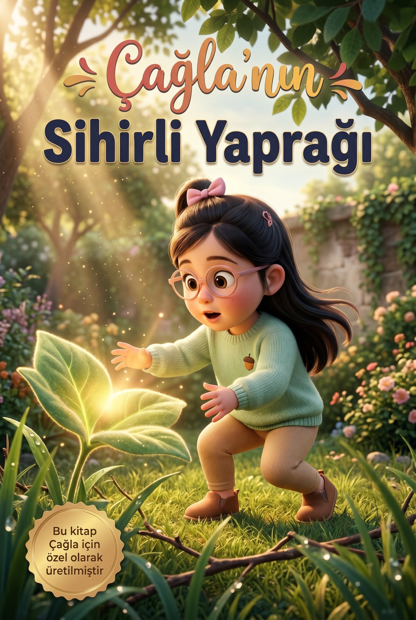Çağla'nın Sihirli Yaprağı kişiye özel çocuk kitabı ön kapağı, Pixar kalitesinde illüstrasyon