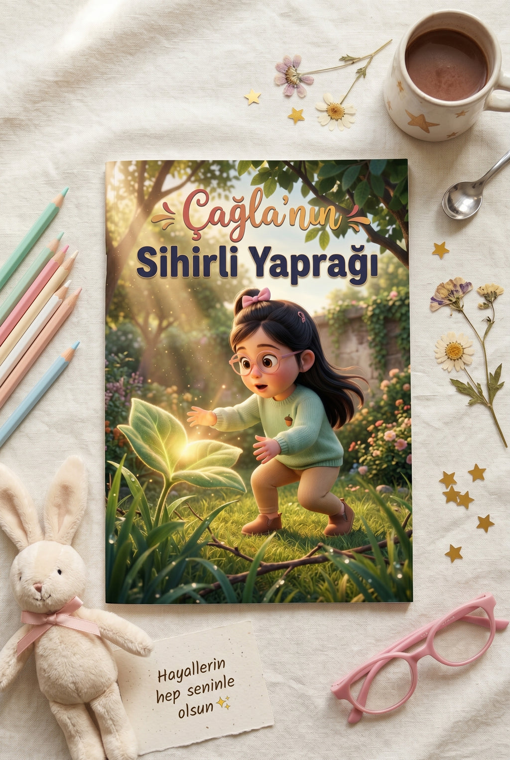 Sihirli Yaprak isimli çocuk kitabının doğa konseptli açık sunumu — hediye kitap detayı