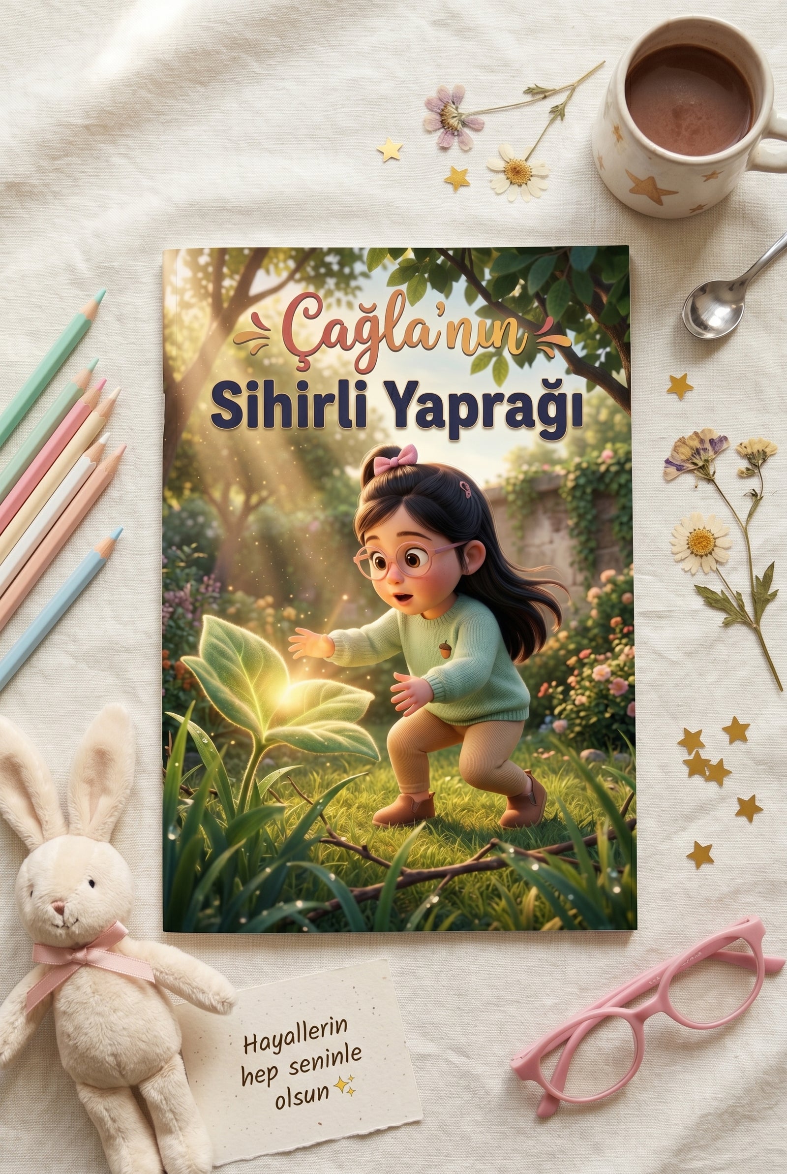 Sihirli Yaprak isimli çocuk kitabının doğa konseptli açık sunumu — hediye kitap detayı