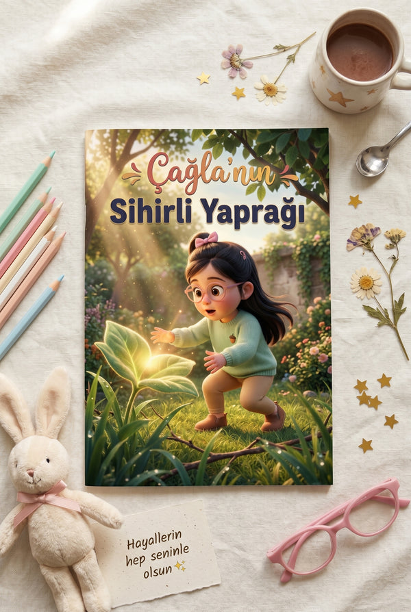 Sihirli Yaprak isimli çocuk kitabının doğa konseptli açık sunumu — hediye kitap detayı