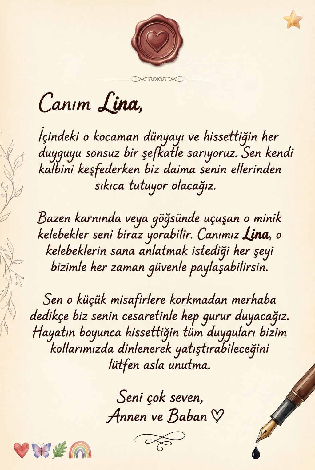 Lina'nın kitabının ilk sayfasındaki anne-baba notu.