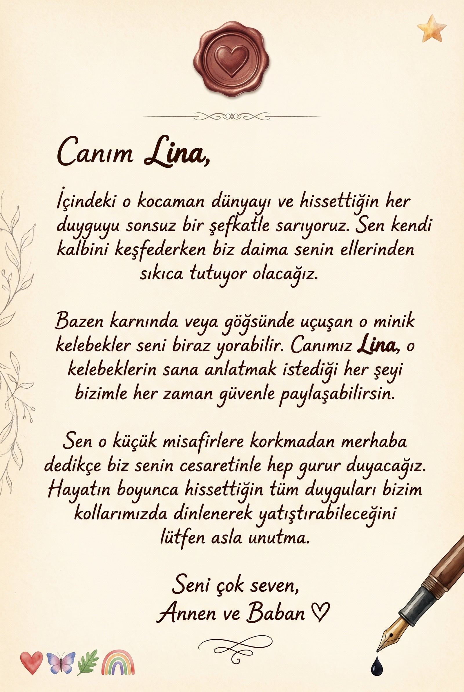 Lina'nın kitabının ilk sayfasındaki anne-baba notu.
