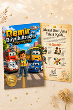 İş makineleri temalı kişiye özel hikaye kitabı ön ve arka kapak birlikte, A4 yumuşak kapak formatı