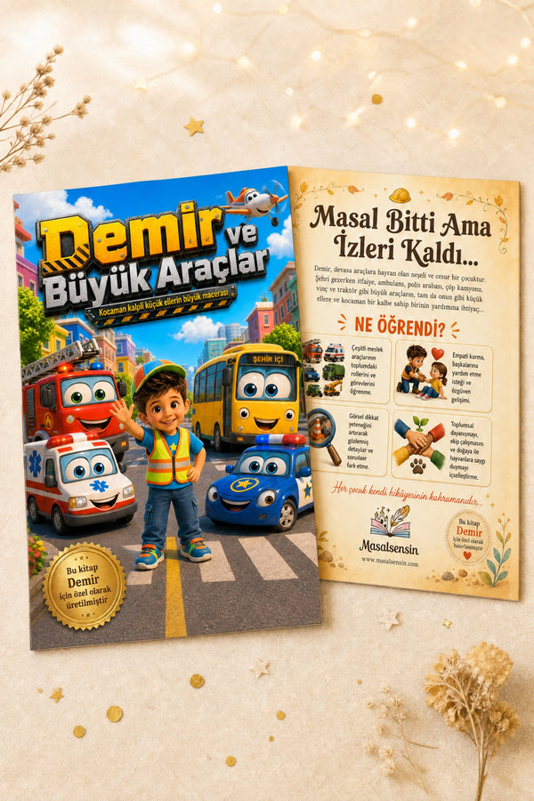 İş makineleri temalı kişiye özel hikaye kitabı ön ve arka kapak birlikte, A4 yumuşak kapak formatı