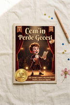 Cemin Perde Gecesi kişiye özel çocuk kitabı ön kapağı — kırmızı kadife perdeli tiyatro sahnesinde 3D Pixar stili