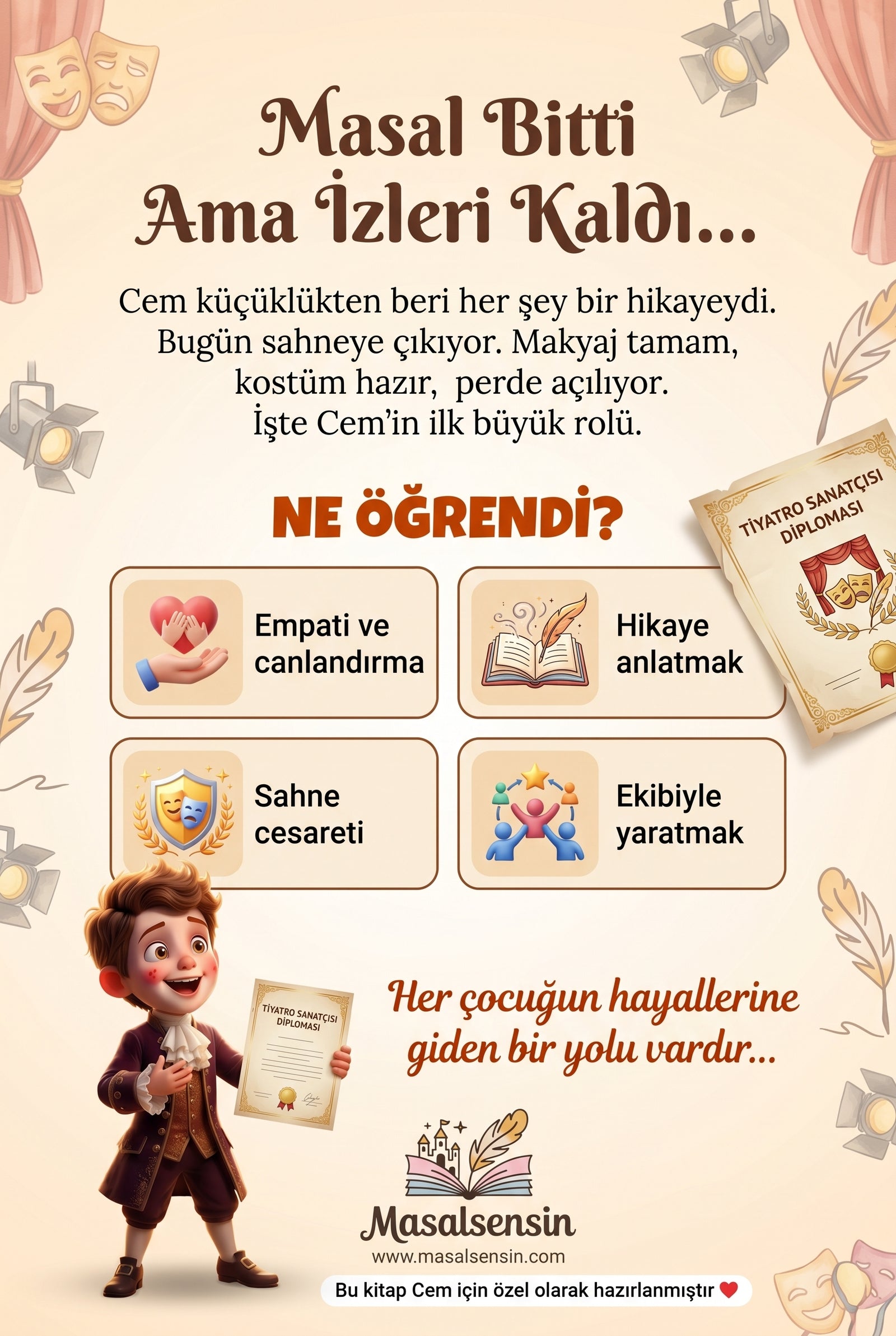Cem isimli kitabın arka kapağı — sahne cesareti ve empati kazanımlarını vurgulayan özet metni ve hediye notu