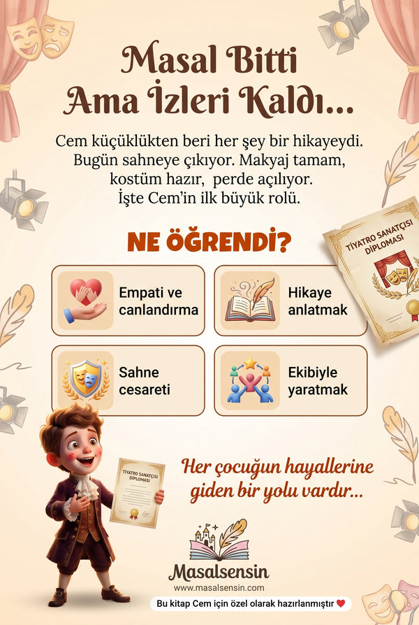 Cem isimli kitabın arka kapağı — sahne cesareti ve empati kazanımlarını vurgulayan özet metni ve hediye notu